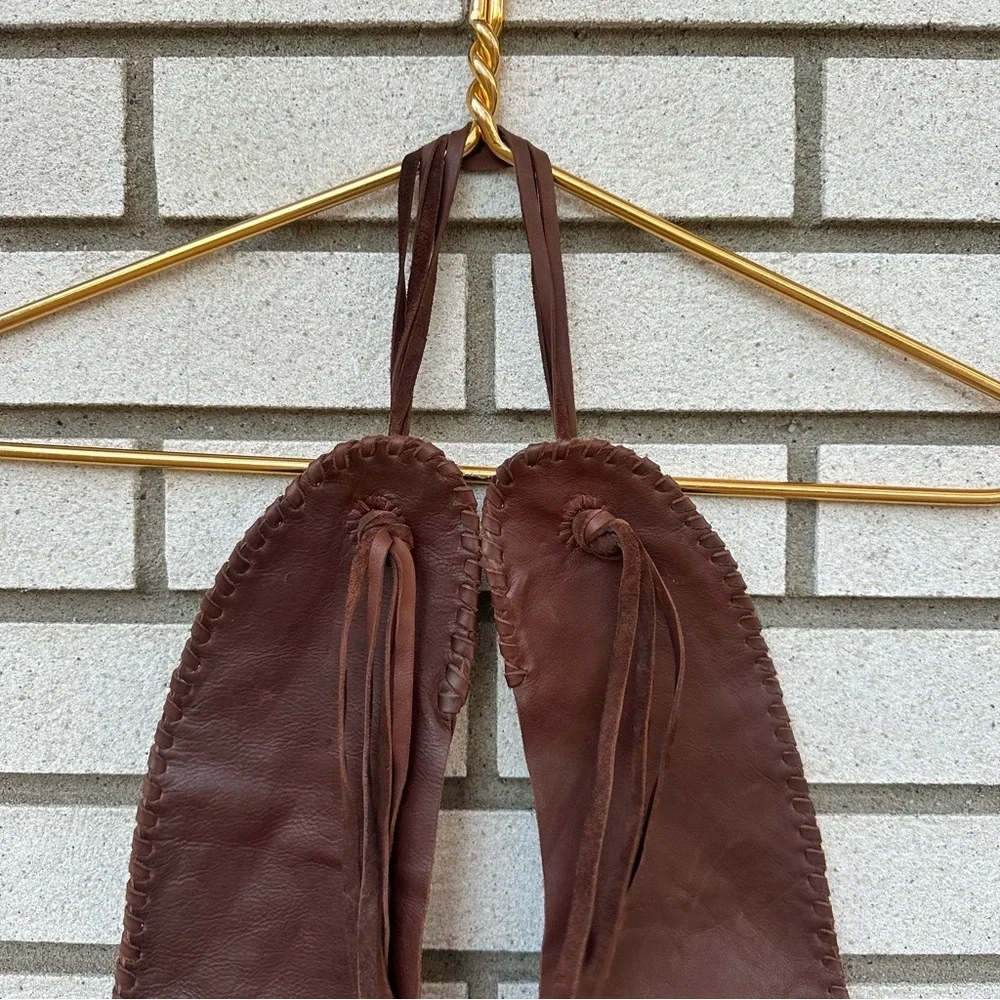 Handmade Brown Leather Beaded Shoulder Bag Tote Purse Whipstitch Edge Tie Straps